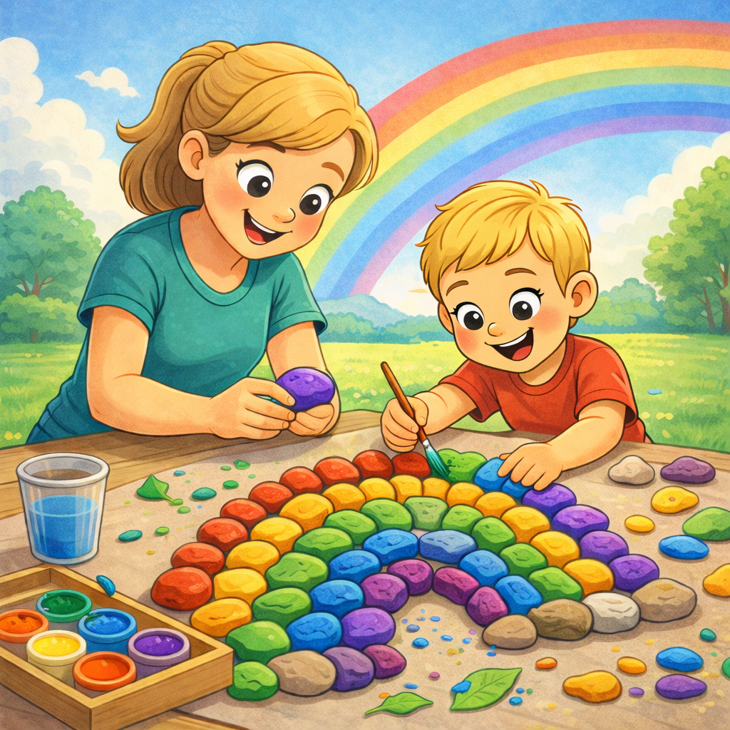 Cartoon mom and child painting rainbow rocks