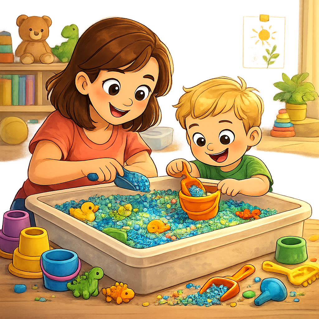 Two characters playing in a sensory bin