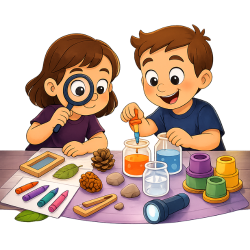 Two cartoon kids doing science experiments