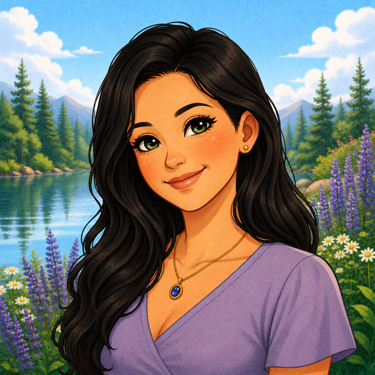 cartoon woman with black hair and nature background