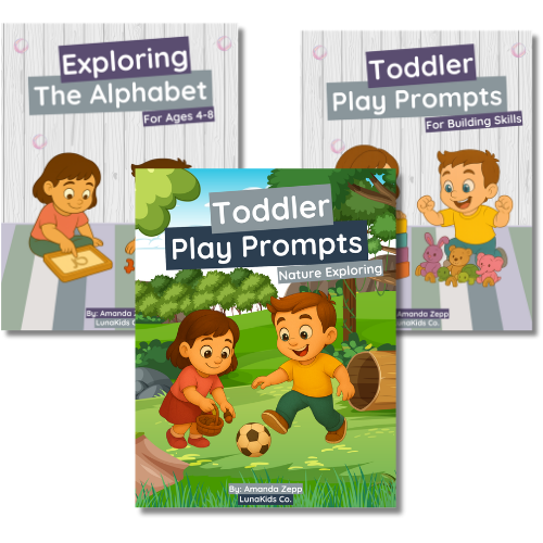 An image showing the cover pages of the 3 products featured in the Toddler Bundle: Exploring the Alphabet, Toddler Play Prompts Skill Builders, and Toddler Play Prompts Nature Exploring