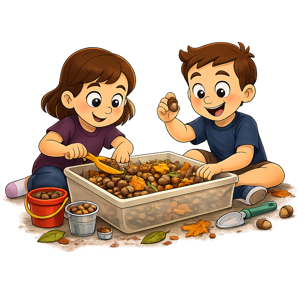 Two cartoon characters playing in an acorn sensory bin
